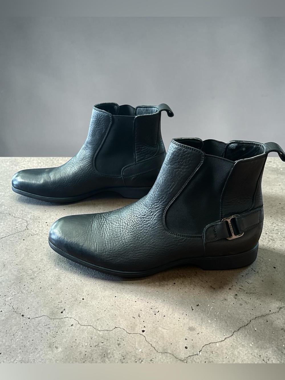 Calvin Klein Men's Black Leather Chelsea Boots with Side Buckle